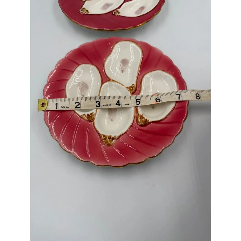 Abigails Raspberry Pink Oyster Plates Gold Rim Set of 2 Ceramic Coastal Decor